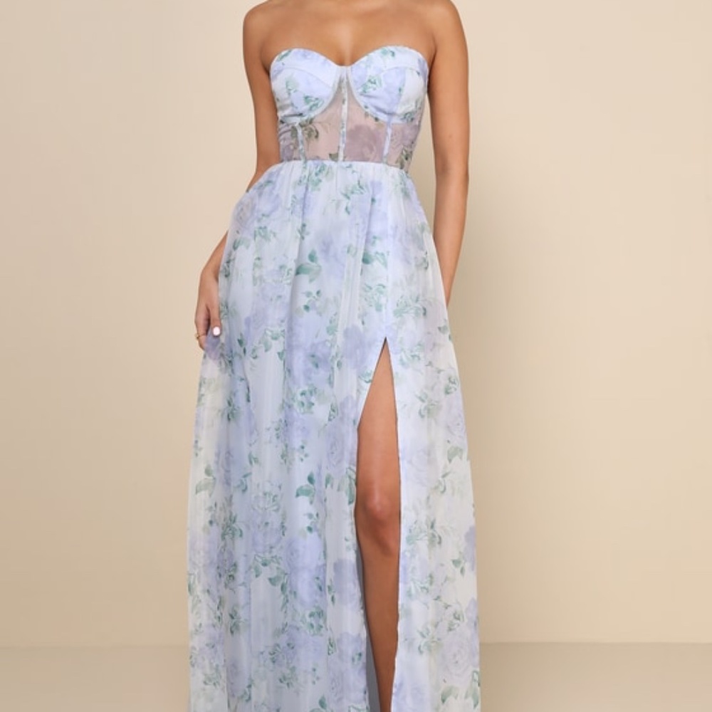 Lulus Charming Sweetness Periwinkle Floral Organza Bustier Maxi Dress Blue